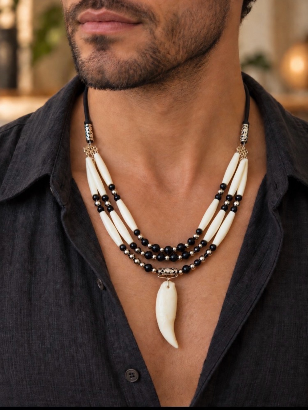 Triple-Strand Black & White Men’s Beaded Necklace with Bear teeth Pendant